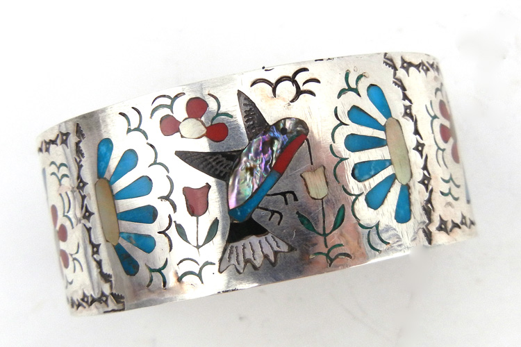 Zuni multi-stone inlay and sterling silver hummingbird and flower cuff bracelet by Sammy and Esther Guardian