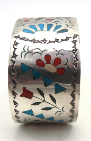 Zuni Sammy and Esther Guardian Multi-Stone Inlay and Sterling Silver Hummingbird and Flowers Cuff Bracelet