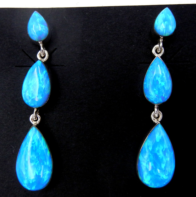Zuni triple blue lab opal and sterling silver post dangle earrings