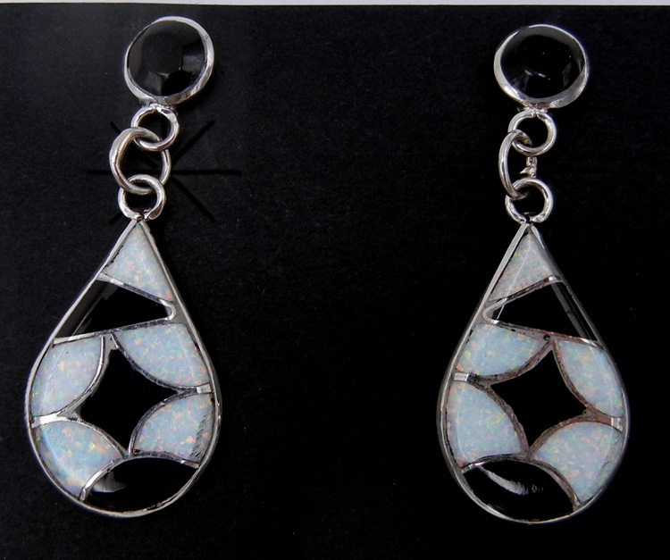 Zuni jet, white lab opal and sterling silver inlay tear drop post dangle earrings
