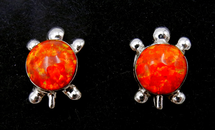 Zuni small orange lab opal and sterling silver turtle earrings