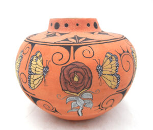 Santo Domingo handmade and hand painted micaceous butterfly and rose jar by Antoinette Crespin