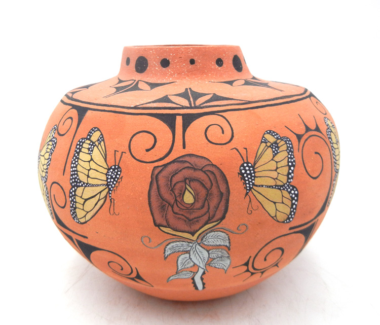 Santo Domingo handmade and hand painted micaceous butterfly and rose jar by Antoinette Crespin