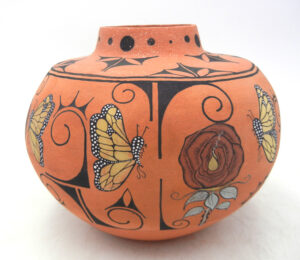 Santo Domingo Handmade and Hand Painted Micaceous Butterfly and Rose Jar by Antoinette Crespin