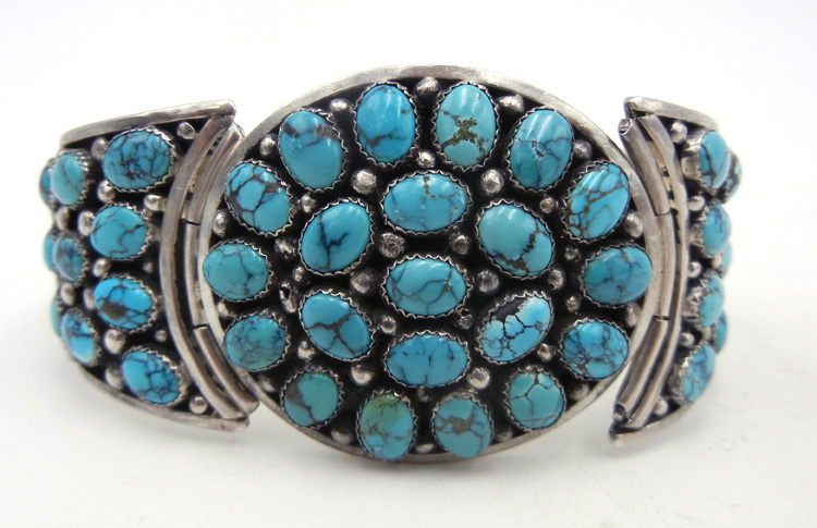Navajo turquoise and sterling silver cluster cuff bracelet by Mark Yazzie