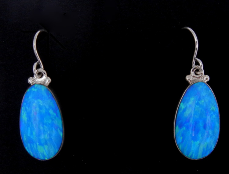 Navajo blue lab opal and sterling silver tear drop dangle earrings by Cathy Webster.