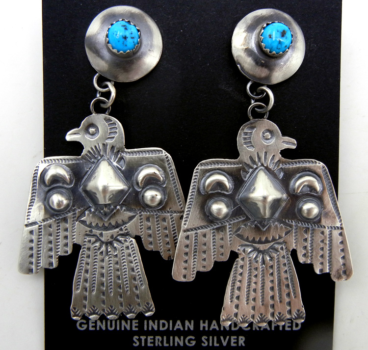 Navajo brushed sterling silver and turquoise thunderbird post dangle earrings