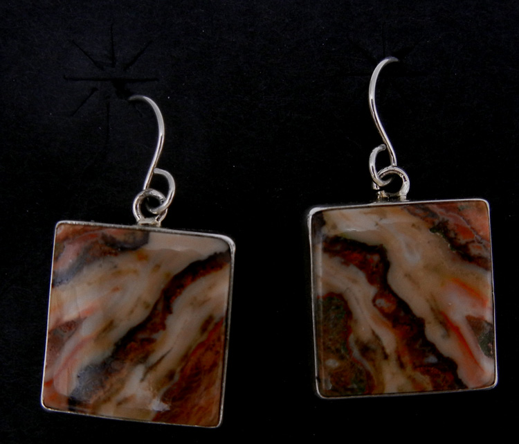 Navajo square rhodochrosite and sterling silver dangle earrings