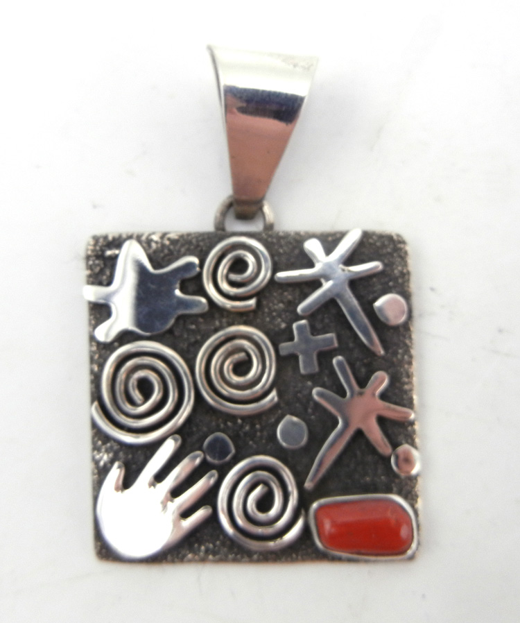 Navajo square sterling silver petroglyph style pendant with coral by Alex Sanchez
