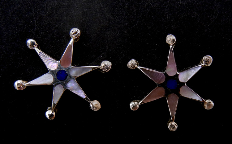 Zuni white mother of pearl and lapis inlay starburst post earrings.