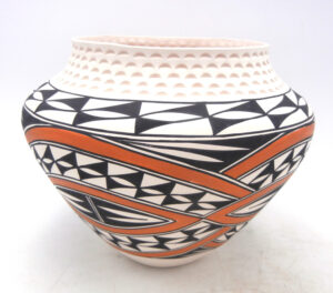 Acoma handmade and hand painted polychrome jar with corrugated rim by Dylene Cheromiah