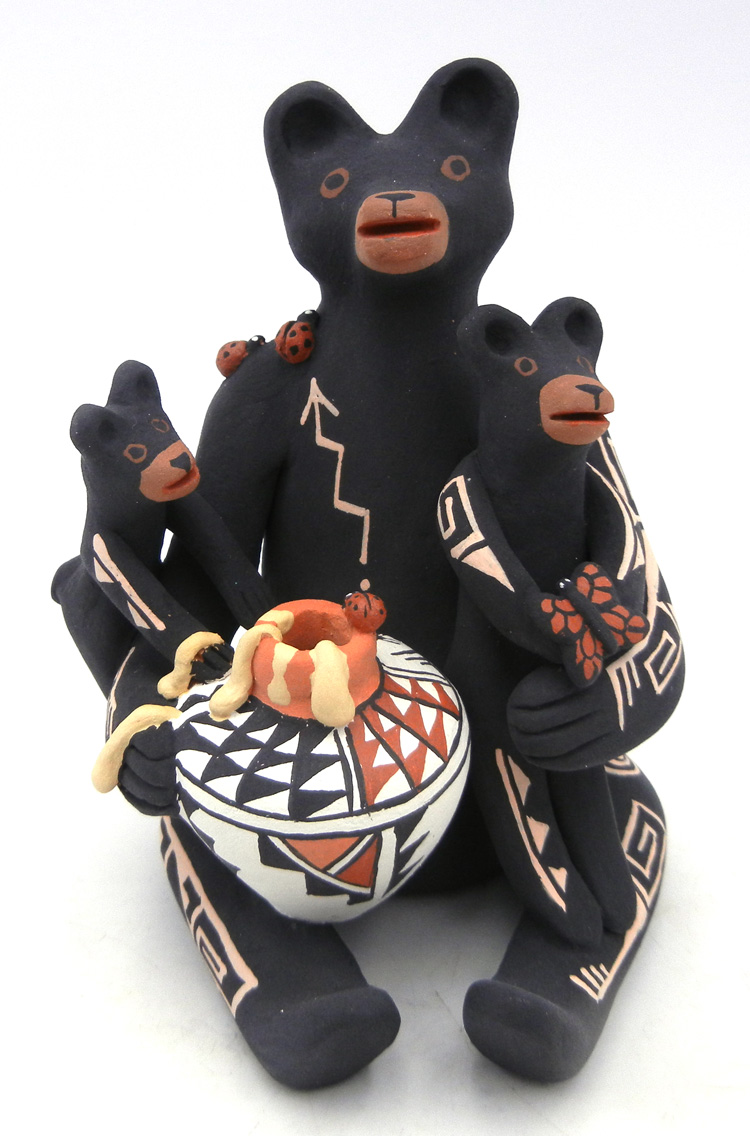 Jemez seated bear storyteller figurine with two cubs and pot of honey
