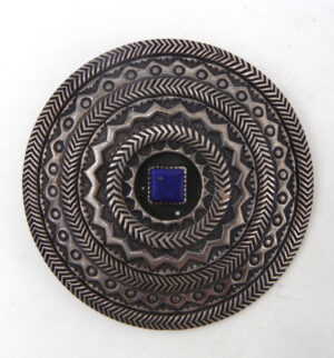 Navajo brushed sterling silver and lapis stamped round belt buckle