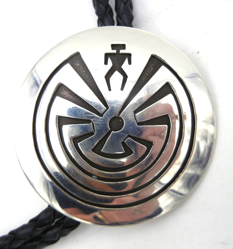Navajo sterling silver overlay man in the maze bolo tie by Sonny Gene
