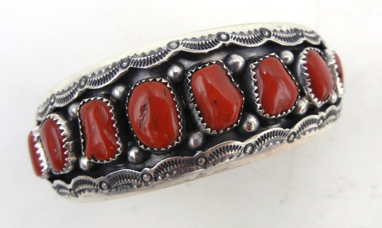 Navajo coral and sterling silver shadowbox style cuff bracelet