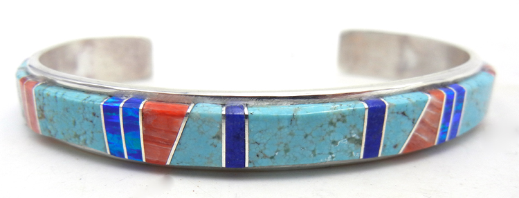 Navajo multi-stone and sterling silver channel inlay cuff bracelet by Helena Jim