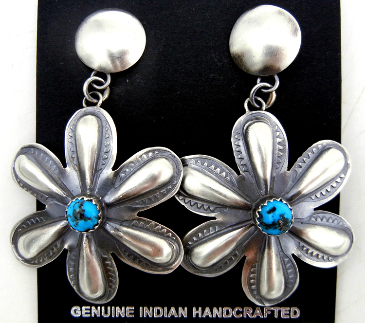 Navajo brushed sterling silver and turquoise repousse flower post dangle earrings by Loretta Chee
