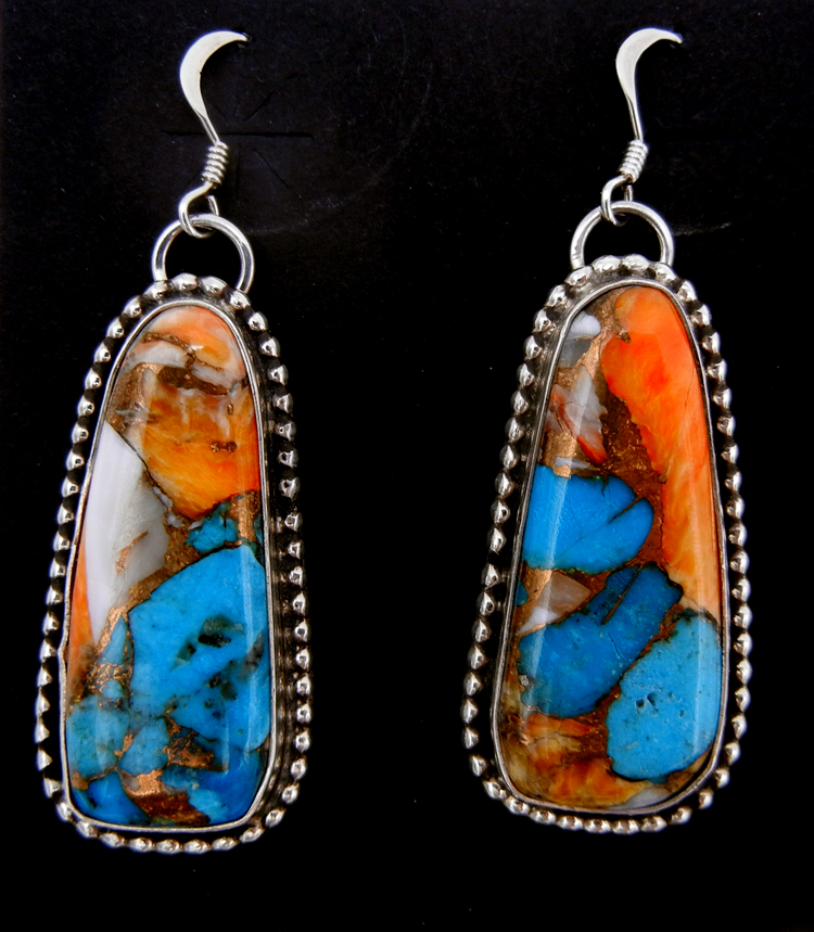 Composite turquoise and orange spiny oyster dangle earrings with sterling silver by Leonard and Racquel Hurley