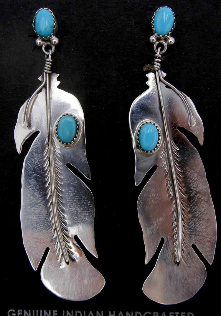 Navajo large sterling silver and turquoise feather post dangle earrings by Glades Malone