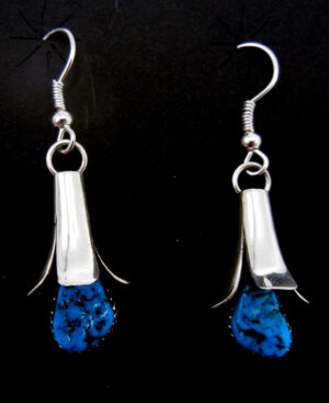 Navajo turquoise and sterling silver squash blossom dangle earrings by Doris Smallcanyon