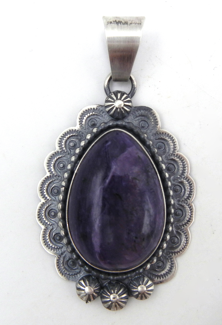 Navajo charoite and brushed sterling silver pendant by Lonnie Willie