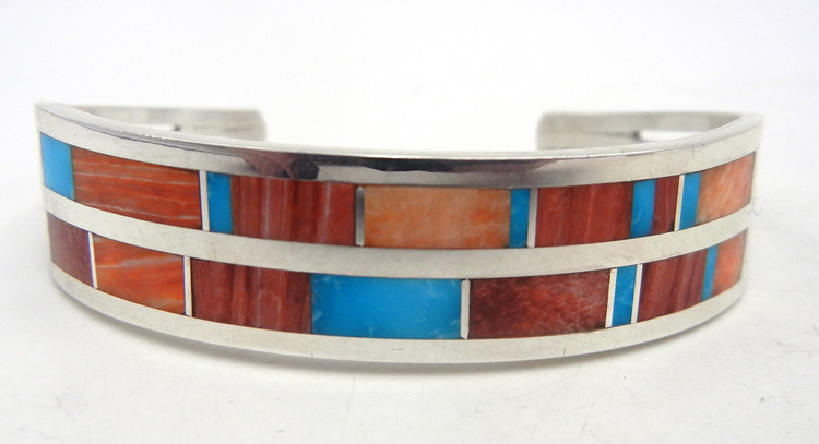 Zuni multi-stone inlay and sterling silver double channel inlay cuff bracelet