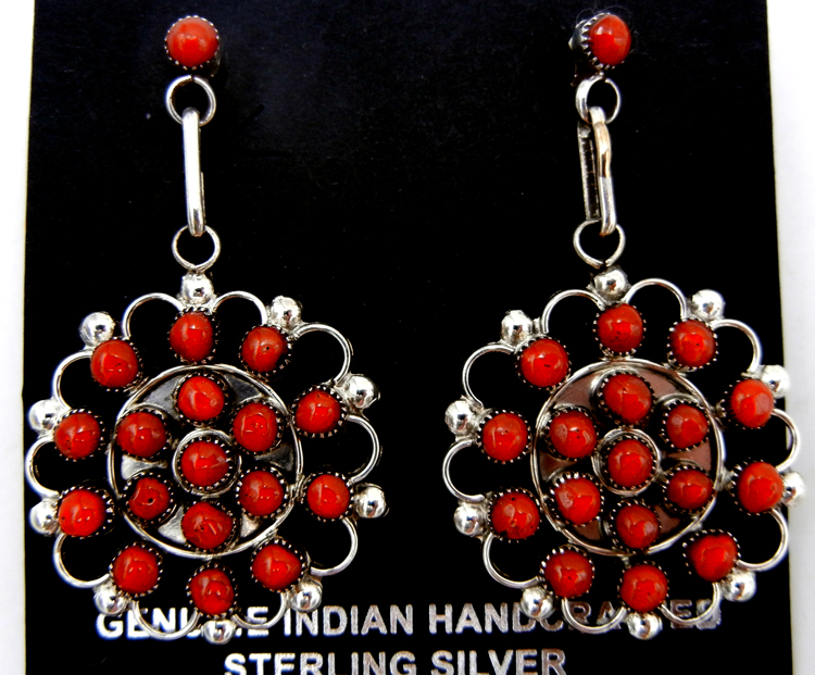 Zuni coral petit point and sterling silver post dangle earrings