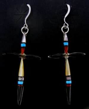 Zuni multi-stone inlay and sterling silver cross dangle earrings