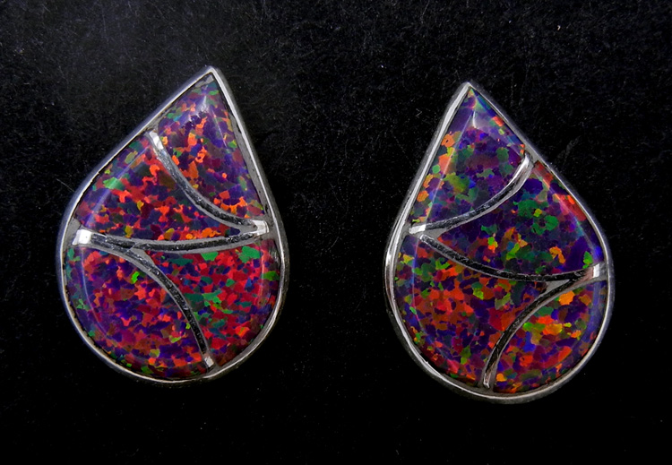 Zuni purple lab opal and sterling silver inlay tear drop post earrings