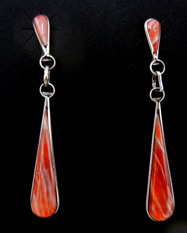 Zuni red spiny oyster shell and sterling silver tear drop dangle earrings