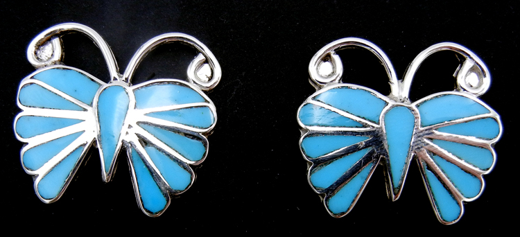 Zuni Sleeping Beauty turquoise and sterling silver inlay butterfly post earrings.
