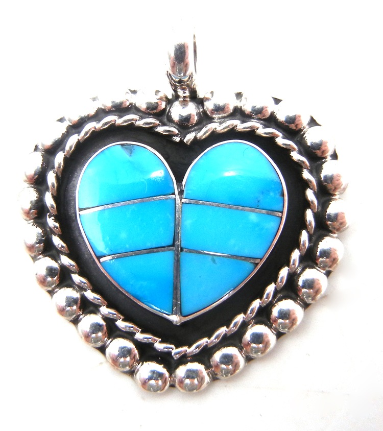 Zuni Sleeping Beauty turquoise and sterling silver inlay heart pendant
