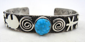 Navajo sterling silver petroglyph style cuff bracelet with turquoise by Alex Sanchez