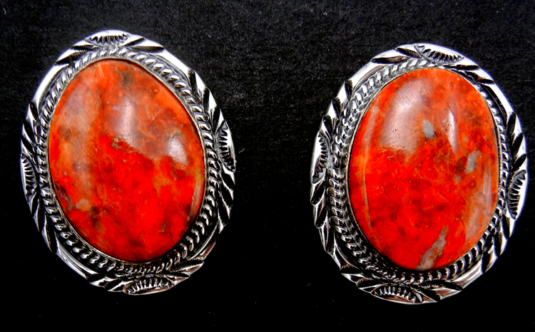 Navajo large apple coral and sterling silver post earrings by Will Denetdale