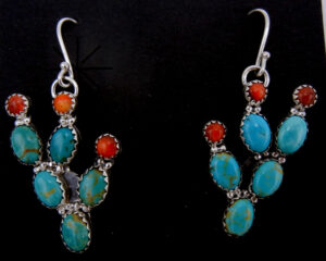 Navajo turquoise, red spiny oyster shell and sterling silver prickly pear cactus dangle earrings by Ted Secatero