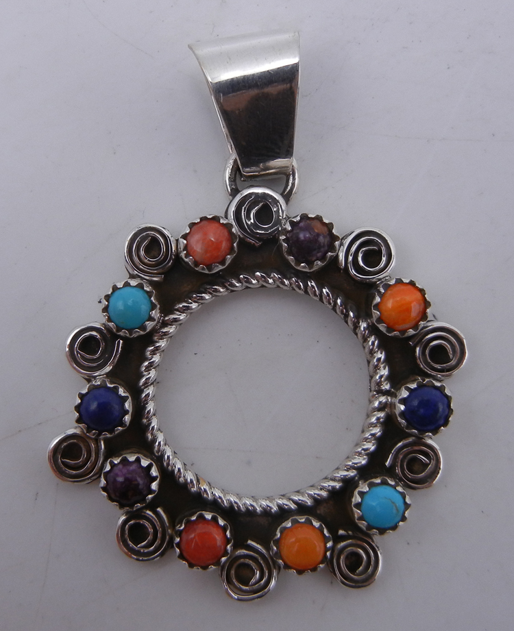 Navajo multi-stone and sterling silver circle pendant by Sandra Parkett