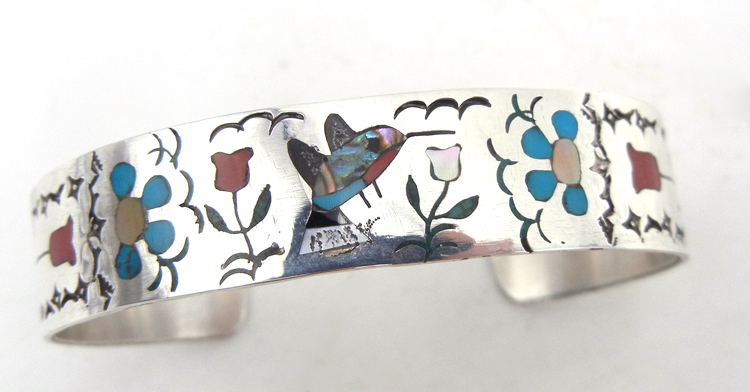 Zuni multi-stone inlay and sterling silver hummingbird and flowers cuff bracelet by Sammy and Esther Guardian