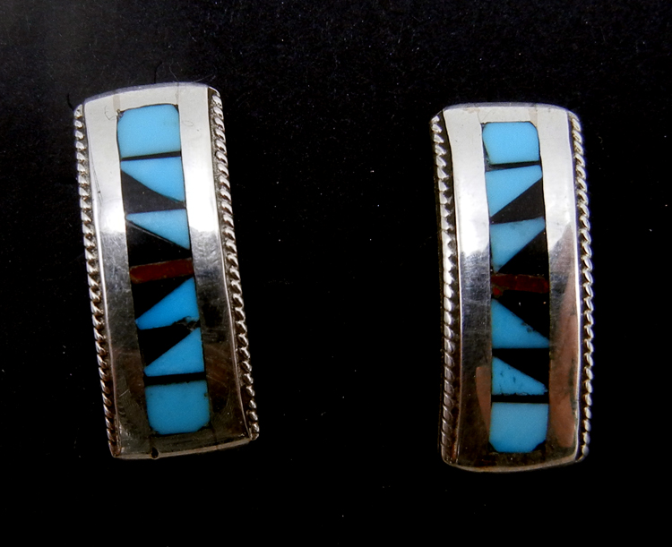 Zuni small multi-stone inlay and sterling silver rectangular post earrings