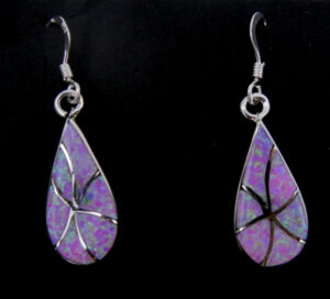 Zuni pink lab opal and sterling silver inlay tear drop dangle earrings by Orlinda Natewa
