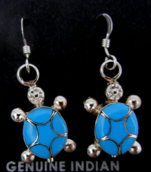 Zuni small turquoise and sterling silver inlay turtle dangle earrings
