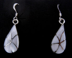 Zuni white mother of pearl and sterling silver inlay tear drop dangle earrings by Orlinda Natewa