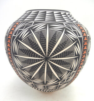 Acoma handmade and hand painted polychrome fine line starburst pattern jar by Kathy Victorino