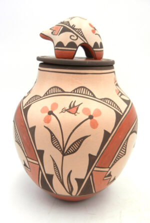 Zia Elizabeth Medina Handmade and Hand Painted Polychrome Bird Vase with Bear Lid