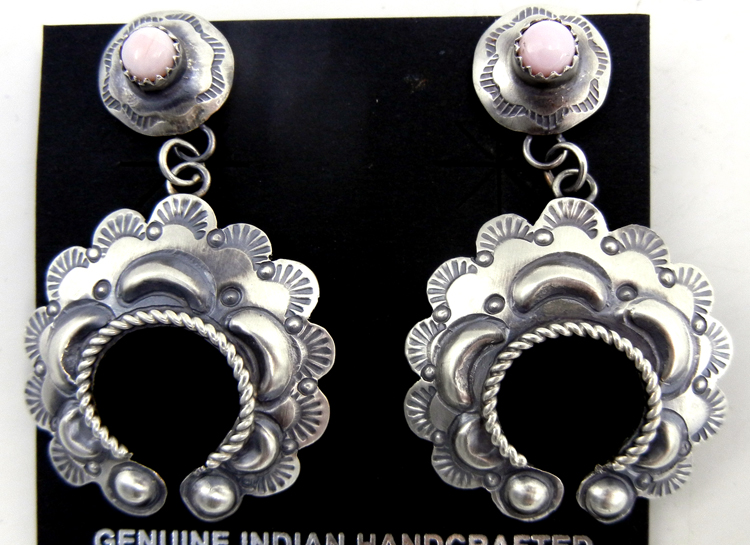 Navajo brushed sterling silver naja and pink conch post dangle earrings