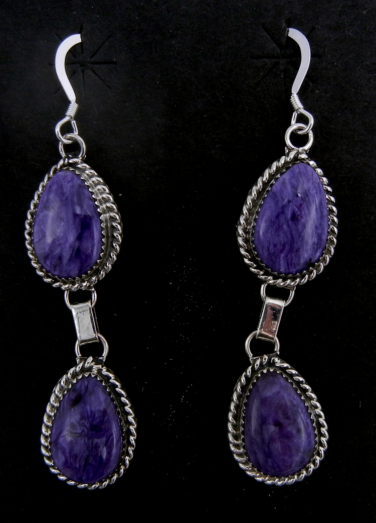 Navajo double stone charoite and sterling silver dangle earrings