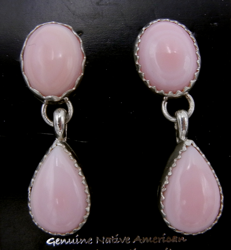 Navajo small double pink conch and sterling silver post dangle earrings