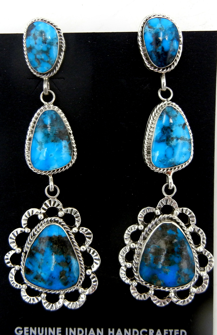 Navajo triple turquoise and sterling silver post dangle earrings