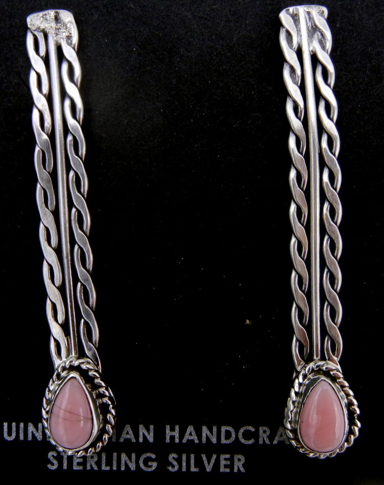 Navajo pink conch and sterling silver bar drop post earrings