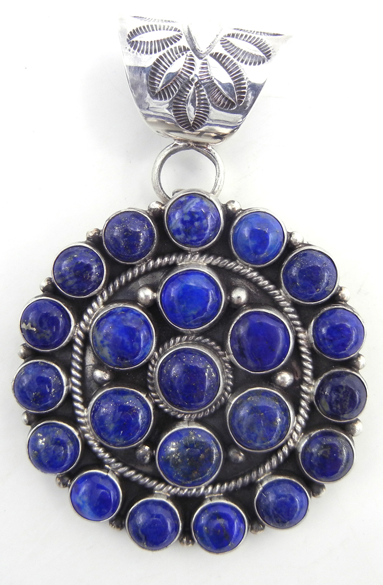 Navajo large, circular lapis and sterling silver pendant by Tyler Brown