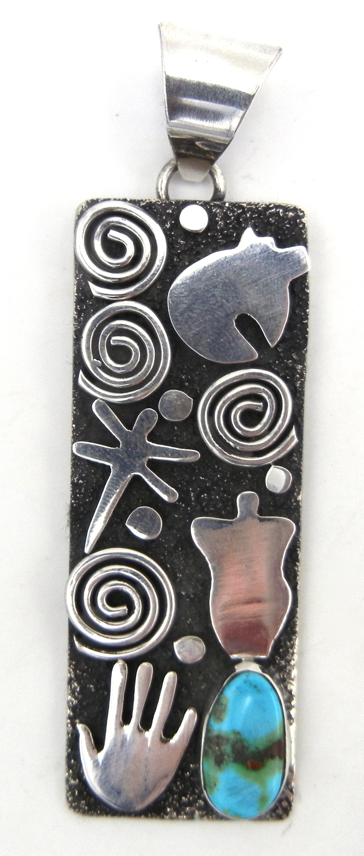 Navajo sterling silver and turquoise petroglyph style pendant by Alex Sanchez